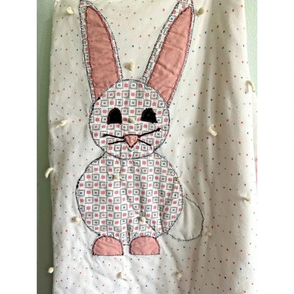 Quilt Flannel Hand Quilted Embroidered Baby Blanket Cotton Bunny Vtg 52 